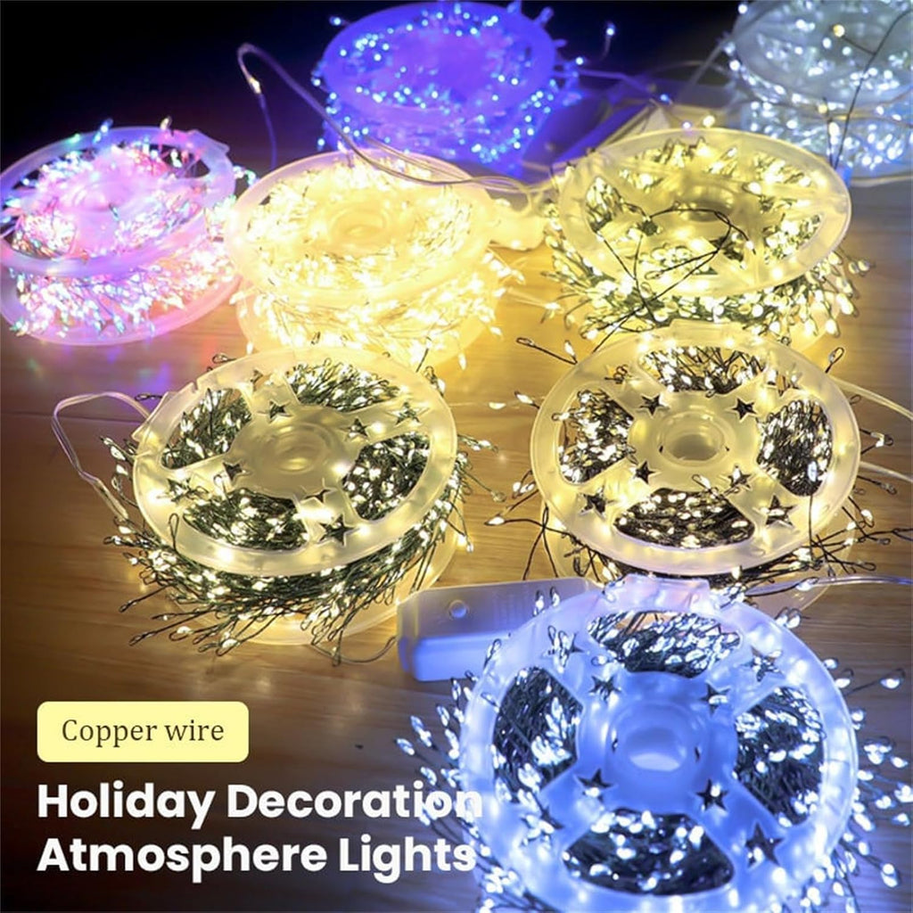 Copper Wire Firecracker Light String, Cluster Twinkle Lights for Christmas Tree, Copper Wire Firecracker Fairy Lights,Holiday Copper Wire Atmosphere Lights (White, 9.84ft-100 Lights-USB)