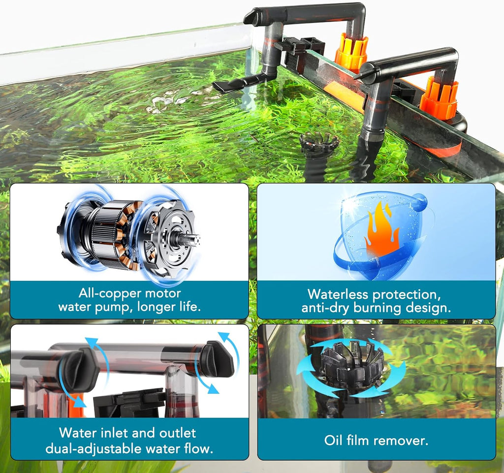 hygger External Hang-On-Back Canister Aquarium Filter,Quiet Fish Tank Filter with 3-Stage Filtration,Anti-Dry Burn Motor,Adjustable Flow,Oil Skimmer,Duckbill Nozzle,Shower Spray Bar (5W,≤10 gal)