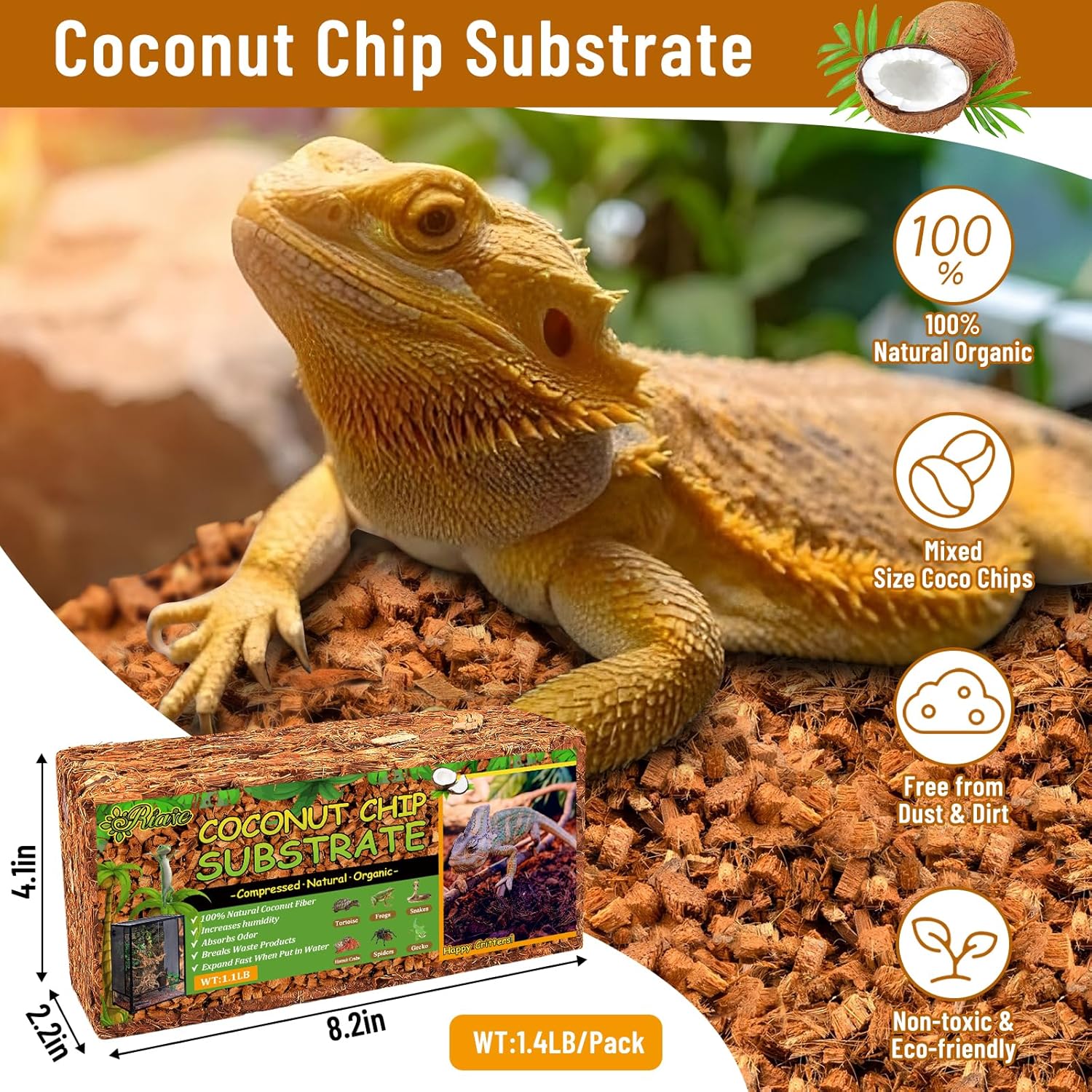 Riare 8 Pack Natural Coconut Chip Substrate for Reptiles- Compressed Coconut Husk Reptiles Bedding, Coco Husk Chip Terrarium Substrate for Snakes, Tortoises, Ball Python, Frogs, Bearded Dragon, Lizard