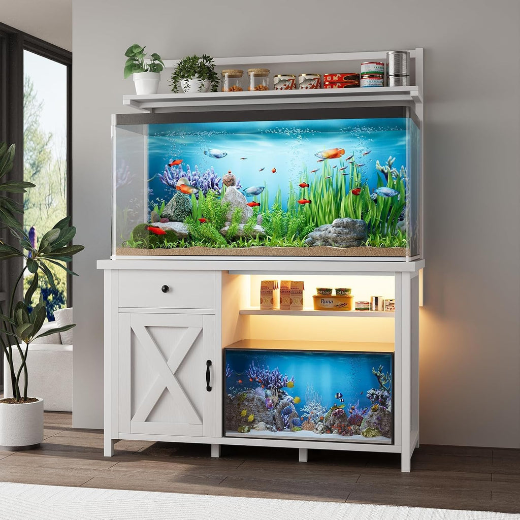 55-75 Gallon Fish Tank Stand with Power Outlet, Led Light, Heavy Duty Aquarium Stand with Cabinet for Fish Tank Accessories Storage, Shelf, for Turtle Tank, Reptile Terrarium, 1100 LBS (White)