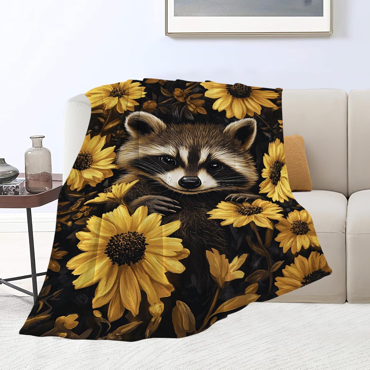 Raccoon Blanket Cute Raccoon Lover Floral Animal Throw Blankets Gifts for Girls Boys Kids Soft Cozy Fleece Plush for Couch Sofa Bed 50"x40"