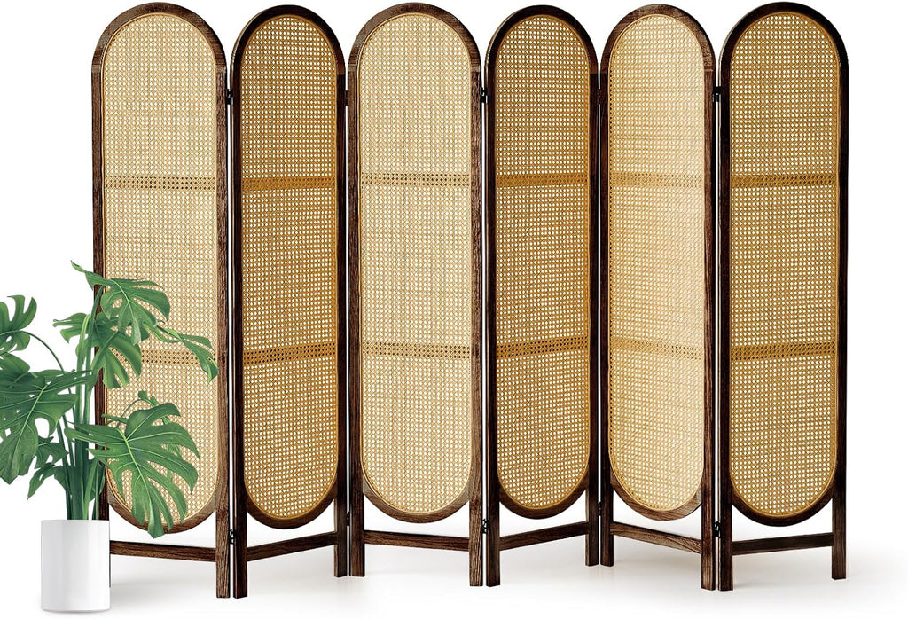 5.6 Ft Room Divider 6 Panel, Folding Privacy Screen, Rattan Room Divider, Foldable Wood Divider Panel, Portable Partition Screen, Wall Divider for Room Separation Home Office Garden-Brown