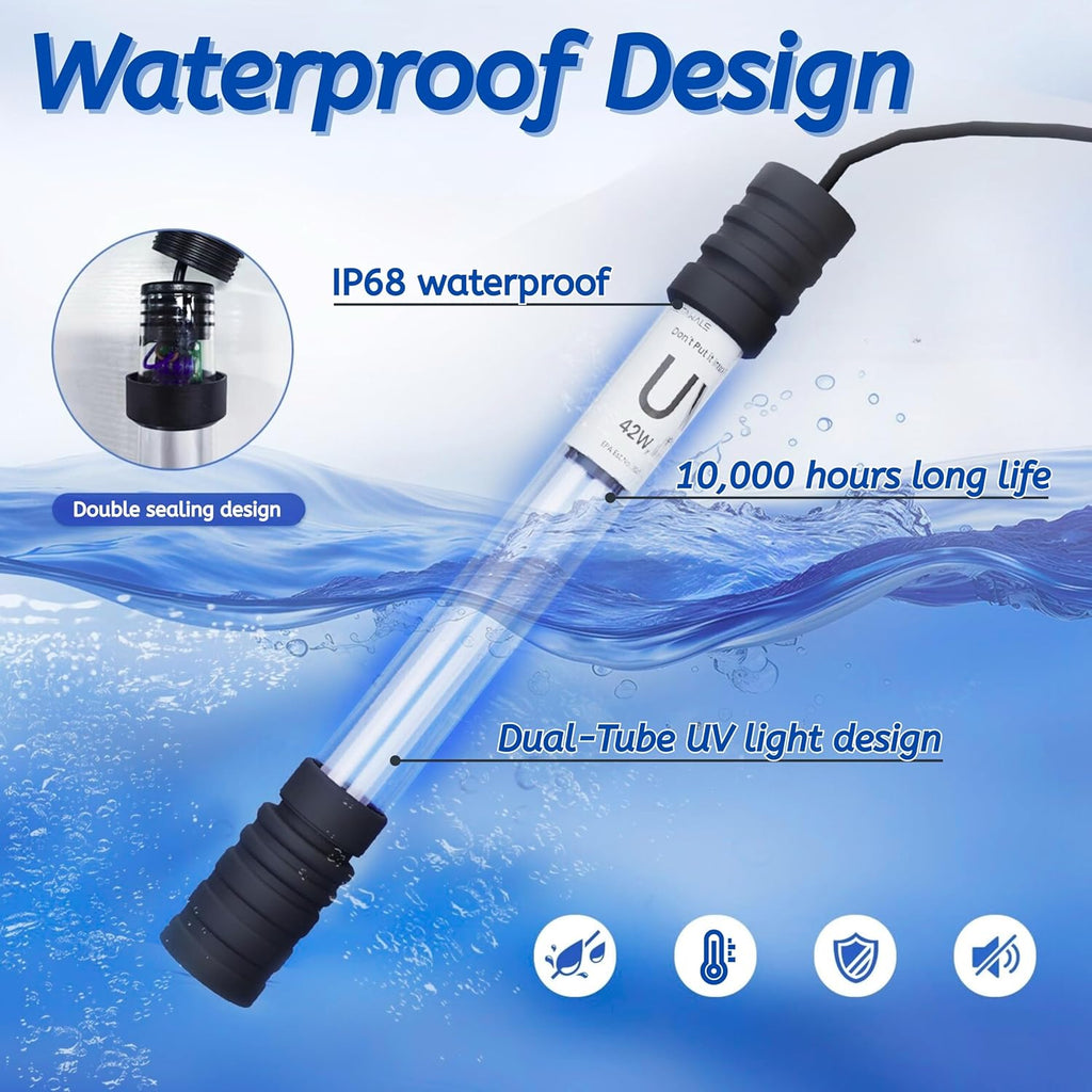 Pond UV Light for Fish Tank UV Pond Water Clarifier for 100-3000 Gallon UV Pond Filter for Koi Pond Swimming Pool, Spa, Large Fish Tank UV Light Aquarium for Outdoor Pond Algae Control（42W）