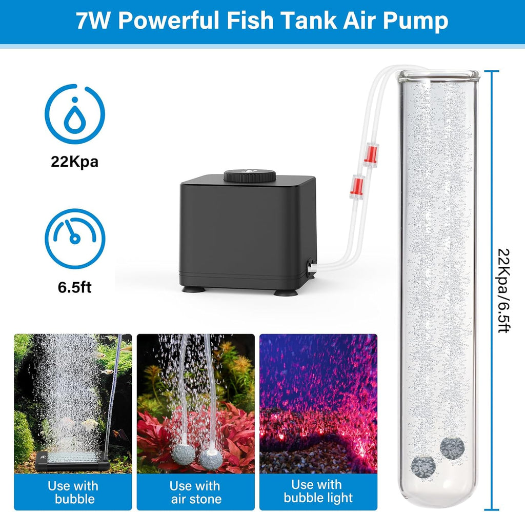 hygger Aquarium Air Pump, Quiet Adjustable Fish Tank Air Pump, 4W/7W/11W Powerful Oxygen Aerator Dual Stainless Steel Outlets with Air Stone Bubbler for Small Medium Large Fish Tank, Hydroponic