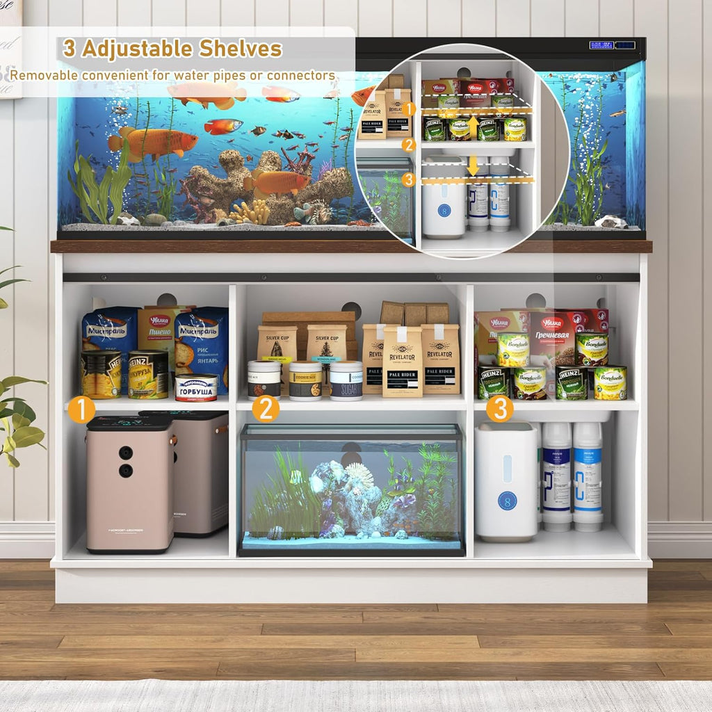 Farmhouse 55-75 Gallon Fish Tank Stand with Power Outlet, Aquarium Stand w/Cabinet&Sliding Barn Door, Heavy Duty Reptile Tank Stand for Fish/Turtle/Reptile Terrarium, 880LBS Capacity, White