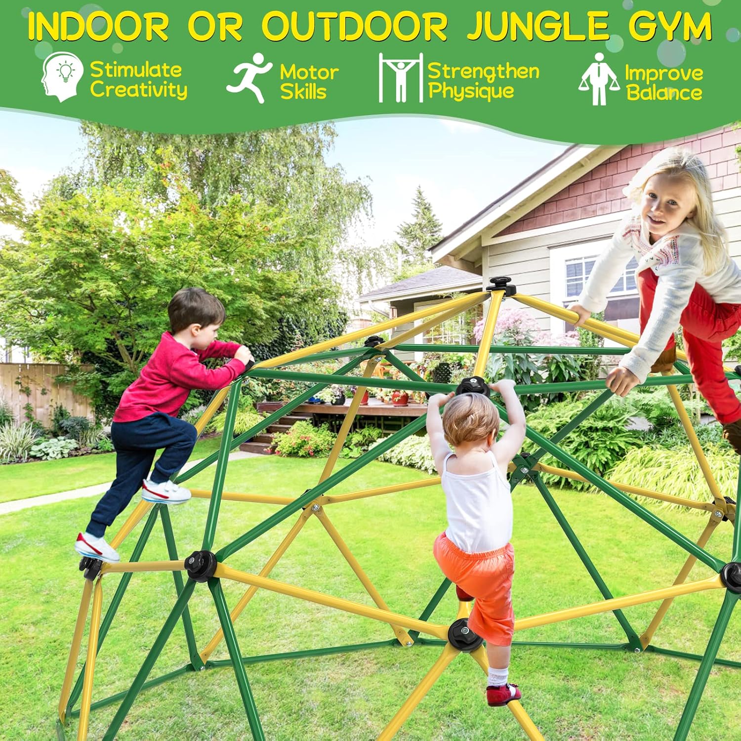 GIKPAL Climbing Dome, 10FT Dome Climber with Hammock for Kids 3 to 10 Outdoor Play Equipment, Supports up to 1000lbs Jungle Gym, Anti-Rust, Easy Assembly, Yellow+Green