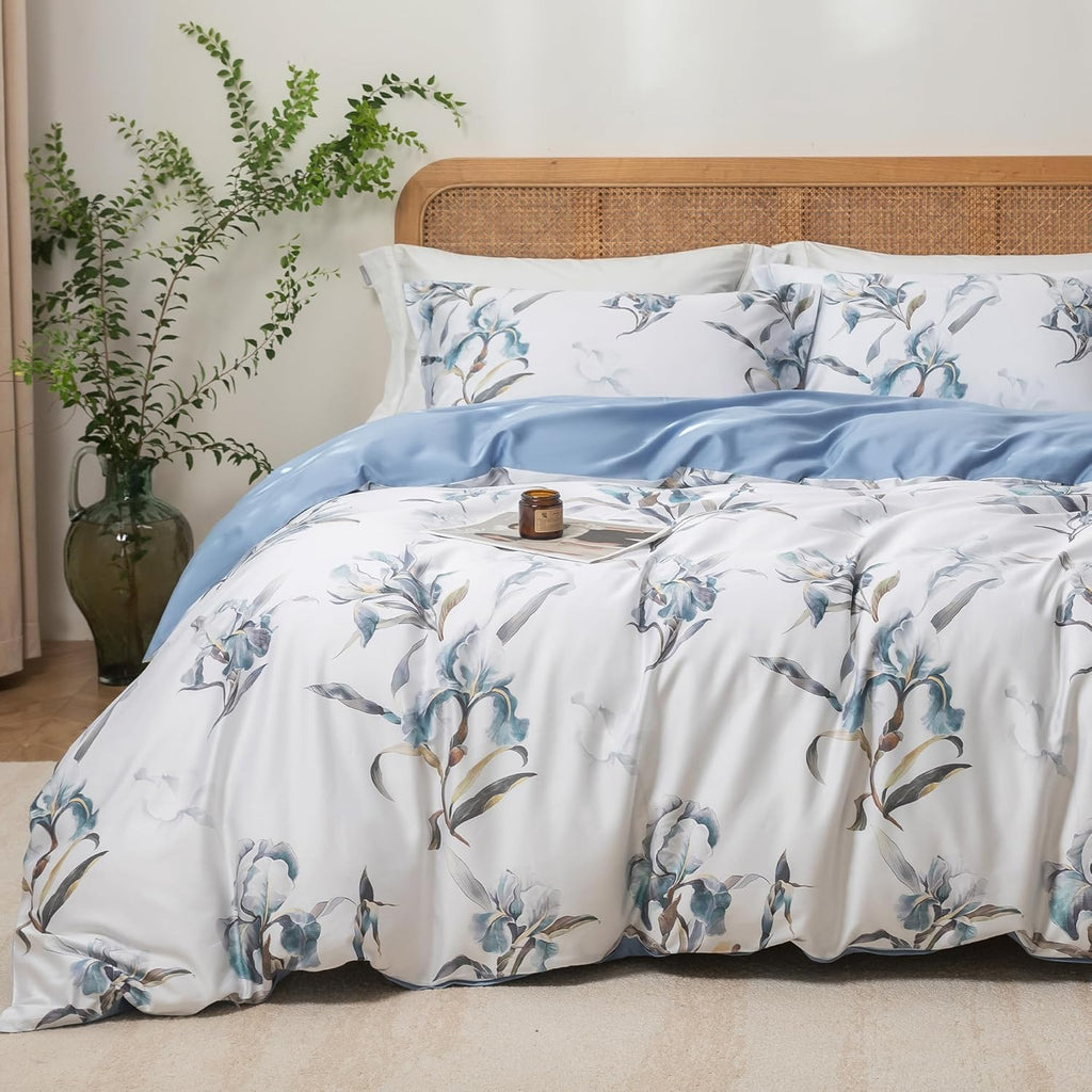 MILDLY Queen Size Duvet Cover Set 100% Long-Staple Cotton Luxury White & Blue Floral Patten Reversible Comforter Cover Set 3Pcs