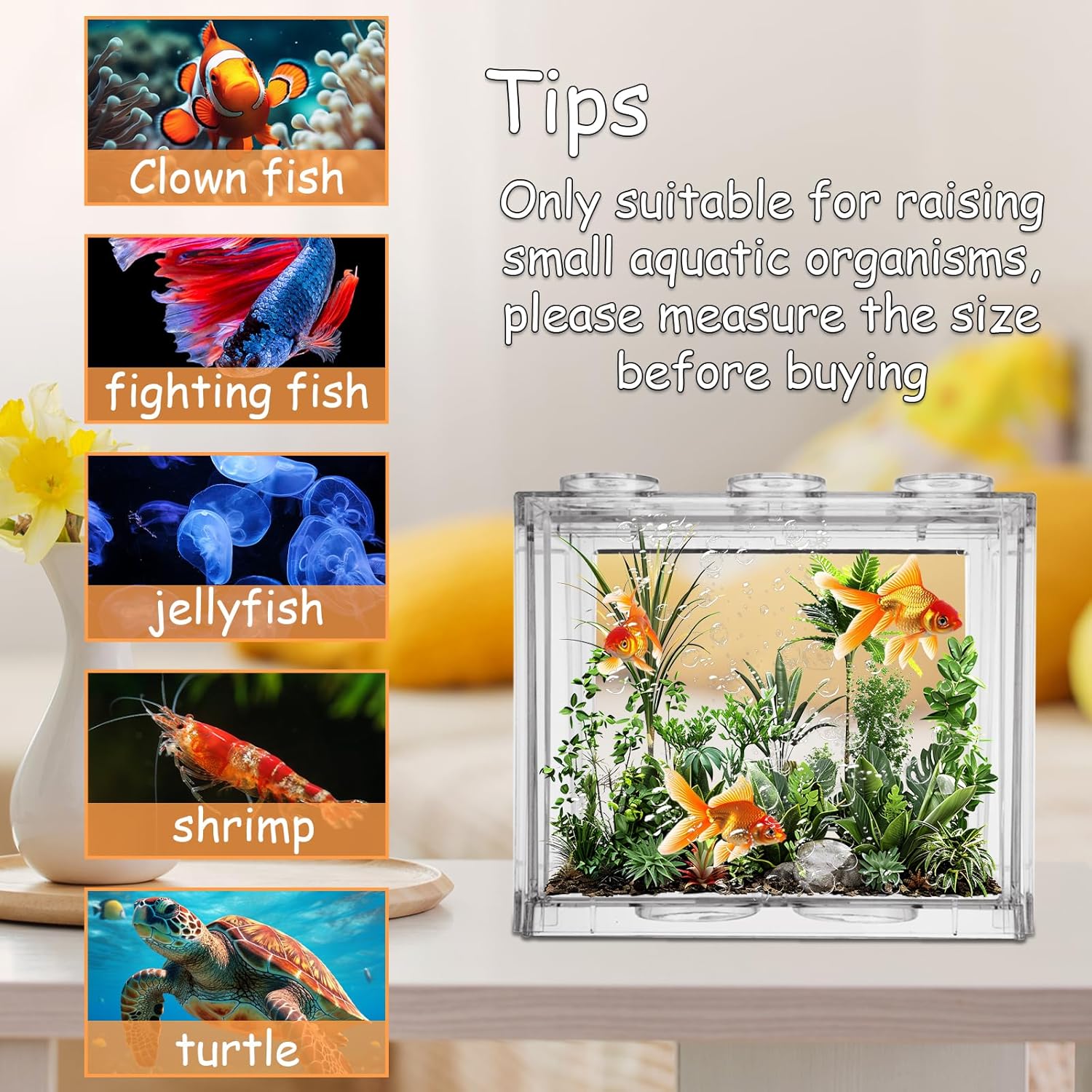QTLCOHD 4 Pack Small Betta Fish Tank, 0.6 Gallon Mini Aquarium Tank, Clear Stackable Fish Bowl, Acrylic Tiny Cube Tank for Beta Fish Sea Monkeys Shrimp Snails