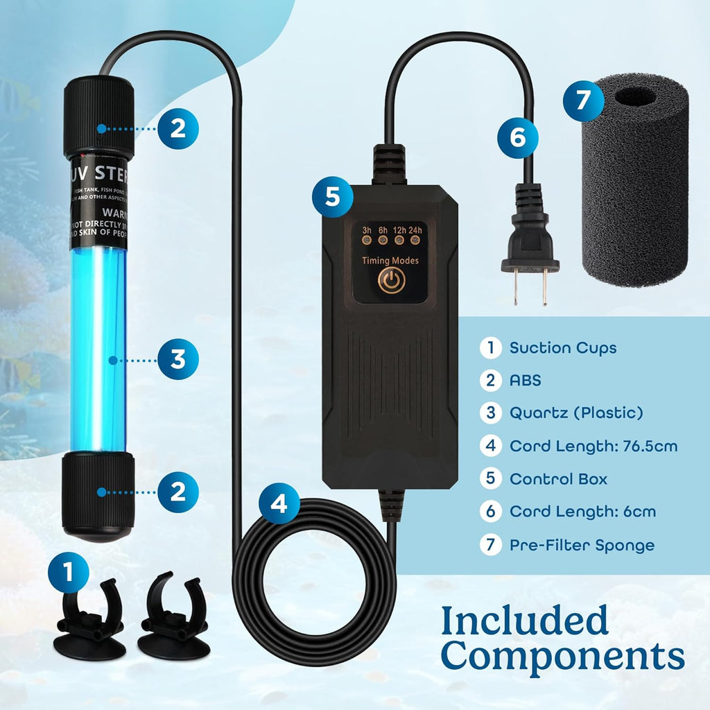 11W UV Light for Aquariums with 4 Timer Modes | UV-C Light for Sump Filters, Top & Bottom Filter Boxes, External Filter Chambers, Hang-On-Back Filters & Small Ponds – Keeps Fish Tanks Clear & Healthy