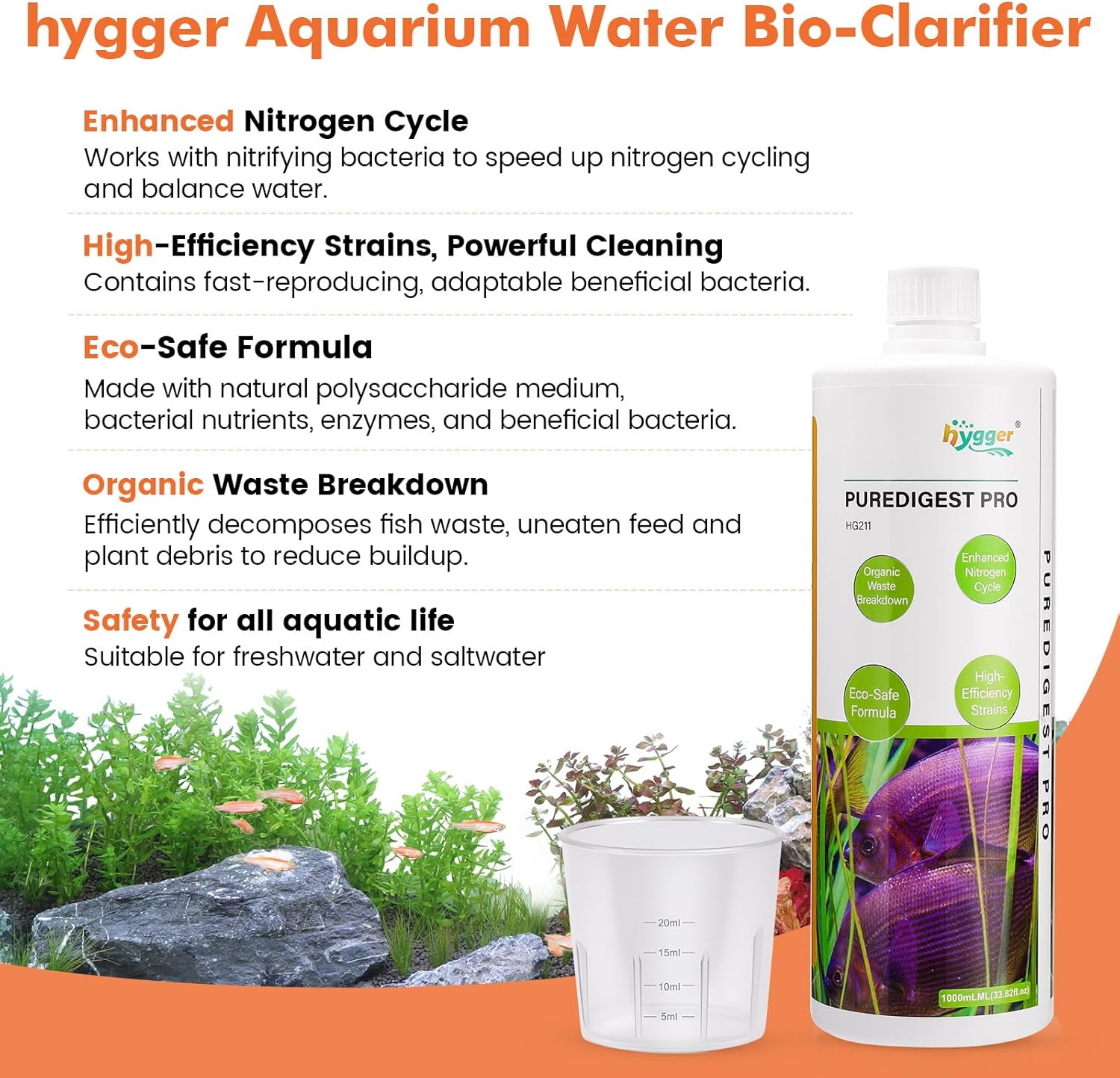 hygger Aquarium Water Bio-Clarifier, Reducing Fish Waste and Cleaning Organic Sludge, Natural Fish Tank Aquarium Leave-in Waste Management Solution for Freshwater and Saltwater Tanks, 300 ML