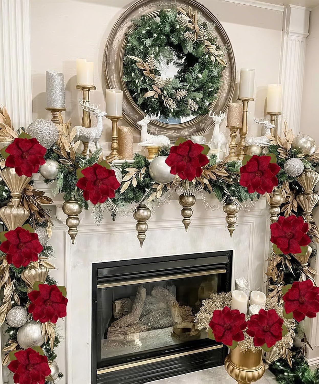 Briful Set of 3 Artificial Christmas Magnolias Flowers – 30’’ Long Stem Faux Magnolia Stems for Tree Ornaments, Holiday Centerpieces & Christmas Decor,Dark Red