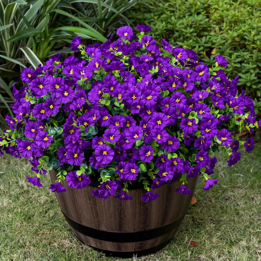 Artificial Faux Flowers for Outdoor 16 Bundles Boxwood Fake Morning Glory for Planter,UV Resistant Fake Flowers for Home Porch Patio Outside（Purple）