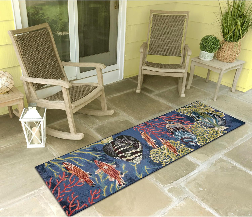 Liora Manne Marina Indoor/Outdoor Power Loomed Synthetic Blend Low Profile Area Rug - Transitional Graphic Coastal Animal Colorful (Fish Navy) (1'11" x 7'6")