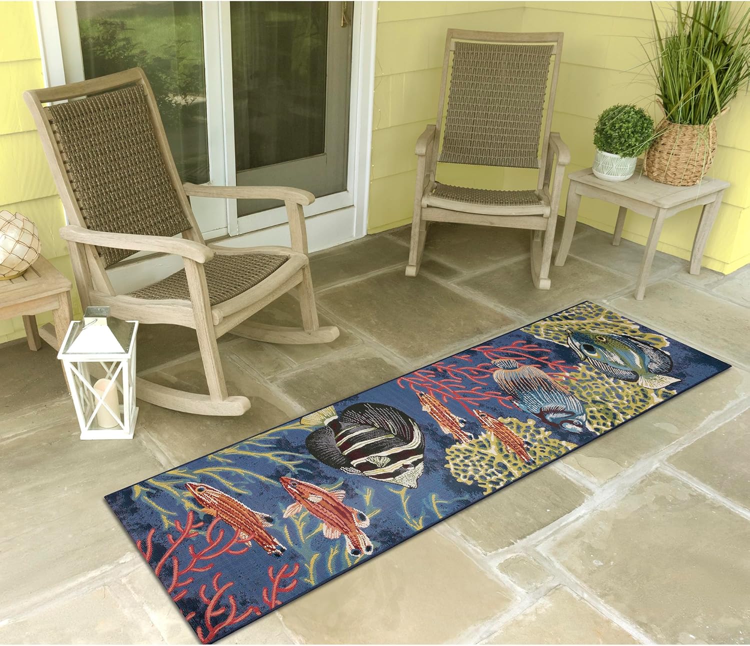 Liora Manne Marina Indoor/Outdoor Power Loomed Synthetic Blend Low Profile Area Rug - Transitional Graphic Coastal Animal Colorful (Fish Navy) (1'11" x 7'6")