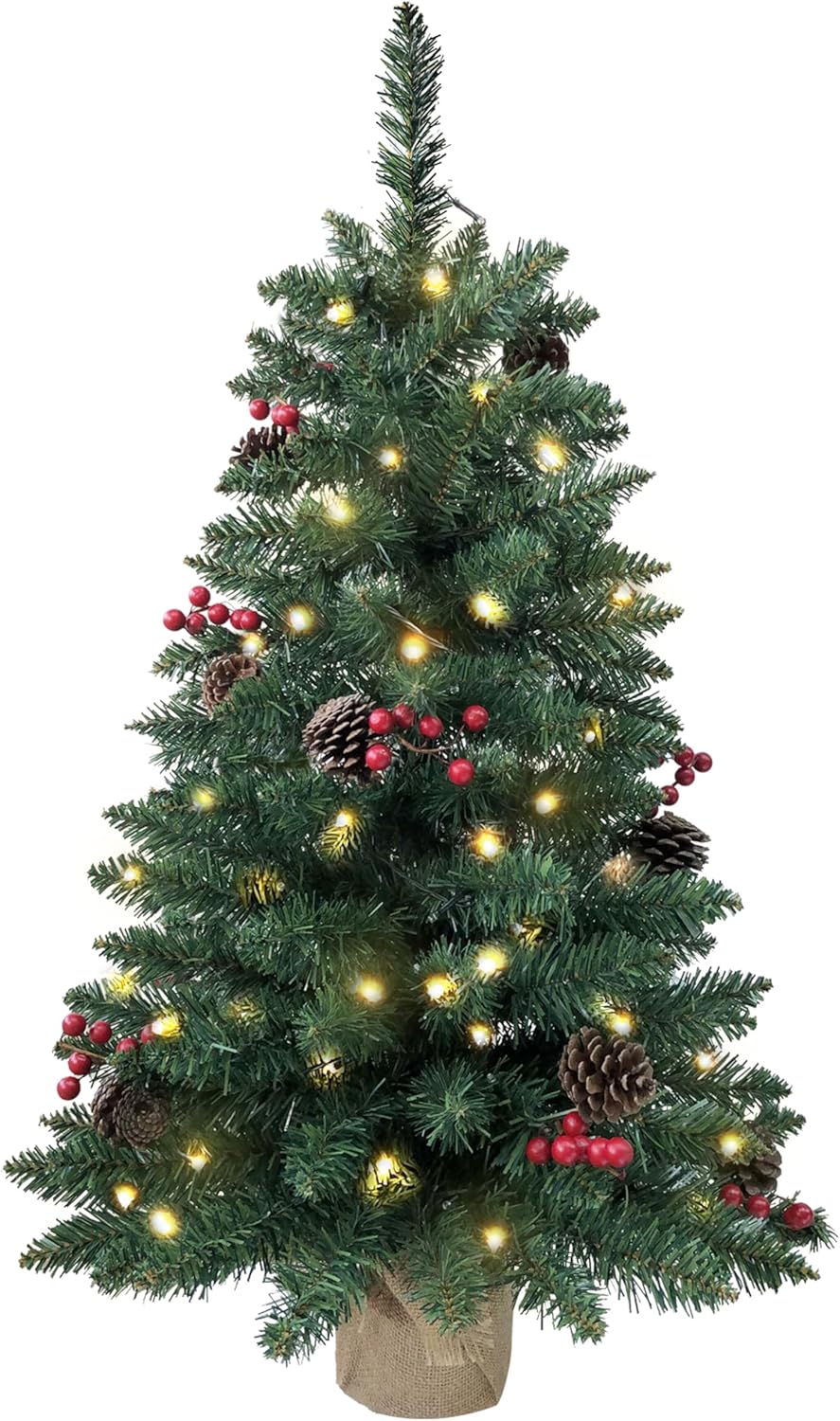3ft Pre-lit Mini Christmas Tree,Artificial Pine 121 PVC Branches Tips with 11 Red Berries & 11 Pinecone & 70 LED String Lights & Burlap Wrapped Base Decor Xmas Tree for Tabletop,Battery Operated