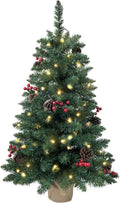 3ft Pre-lit Mini Christmas Tree,Artificial Pine 121 PVC Branches Tips with 11 Red Berries & 11 Pinecone & 70 LED String Lights & Burlap Wrapped Base Decor Xmas Tree for Tabletop,Battery Operated