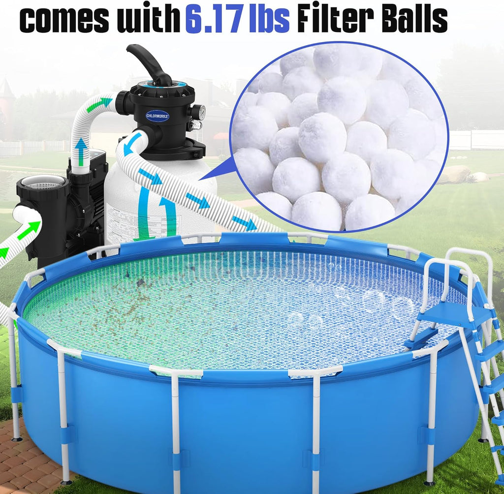 Sand Filter Pump for Above Ground - Flow Rate 3882 GPH, Up to 25K GAL, Pool Pumps above Ground Includes 6 Way Value, Digital Timer, GFCI Plug, 6.17 lbs of Filter Balls, and 3 Pack Hose(20", 40", 120")