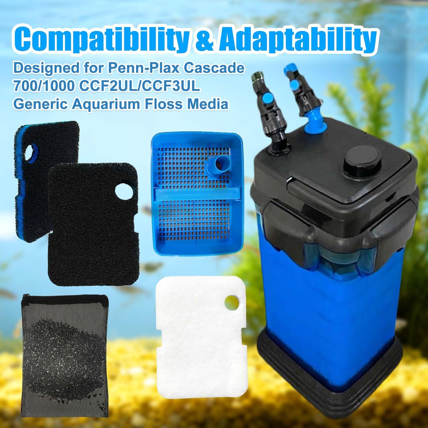 10Pcs Replacement Filter Kit for Cascade 700/1000 CCF2UL/CCF3UL Aquarium Floss Media, 2 Upgraded Carbon-Coarse-Activated Carbon Filter Pads, 6 White Floss, 2 Activated Carbon Bags