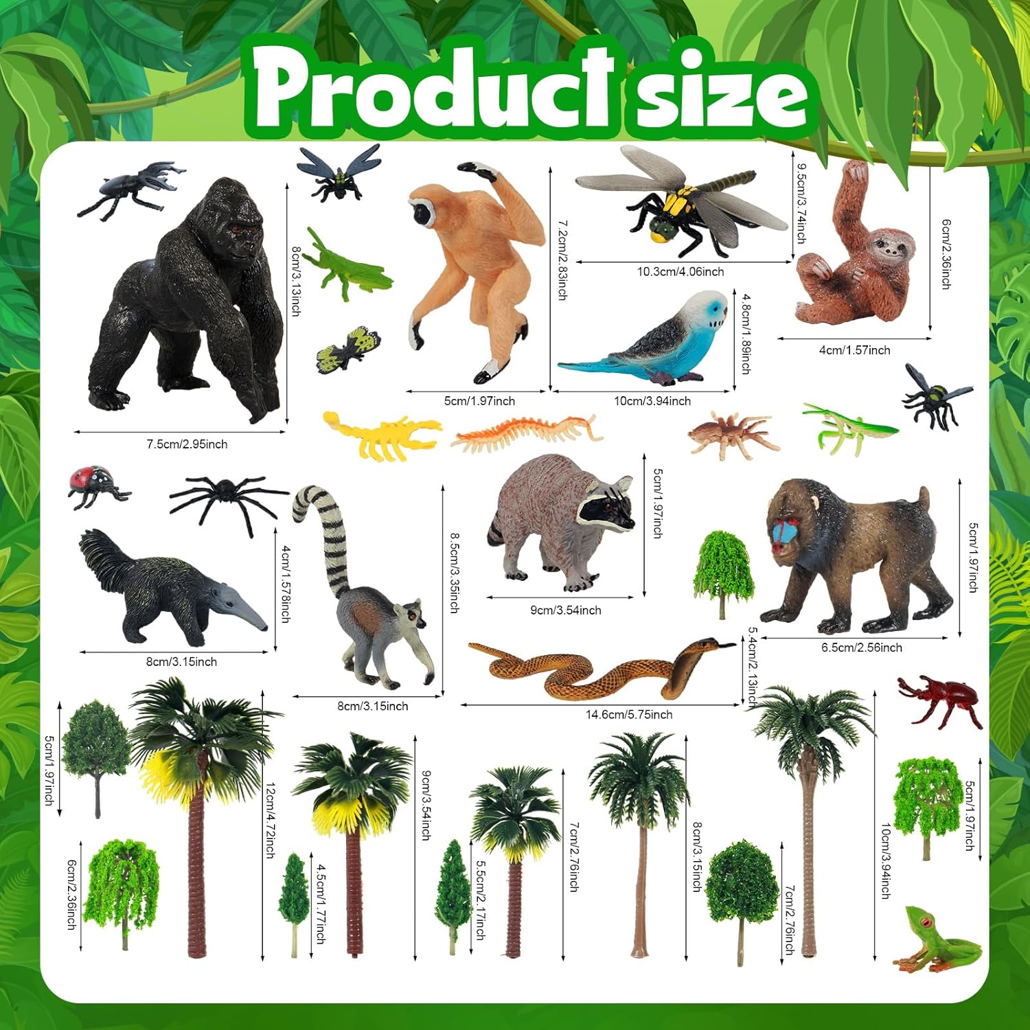 35 Pack Rainforest Animals Figures Set Animal Cake Decor Assorted Creatures Diorama Animals Model Trees for Birthday Party Favors, Piñata Fillers