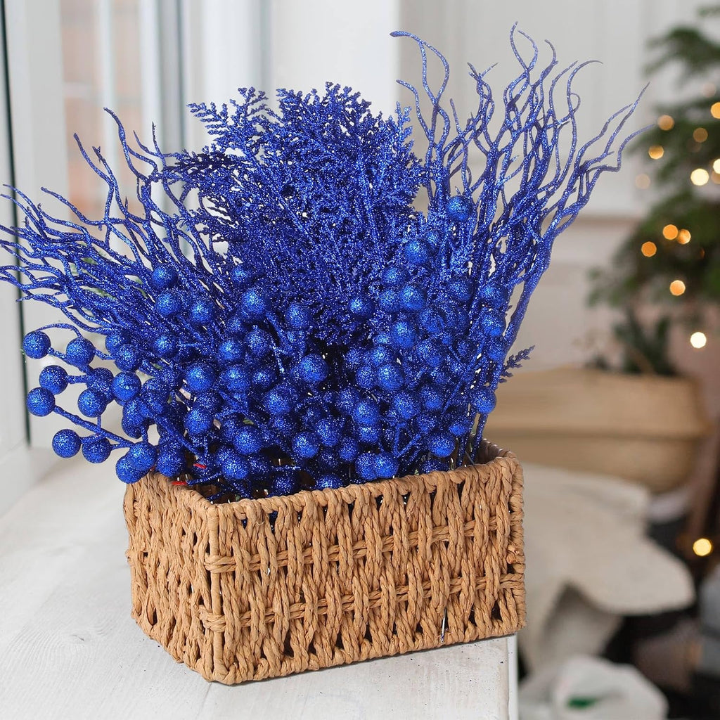 75 Pcs Christmas Glitter Branches 3 Styles Artificial Christmas Picks Berries Stems Pine Needles Floral Twig Spray for Xmas Tree Ornaments DIY Wreath Garland(Blue)