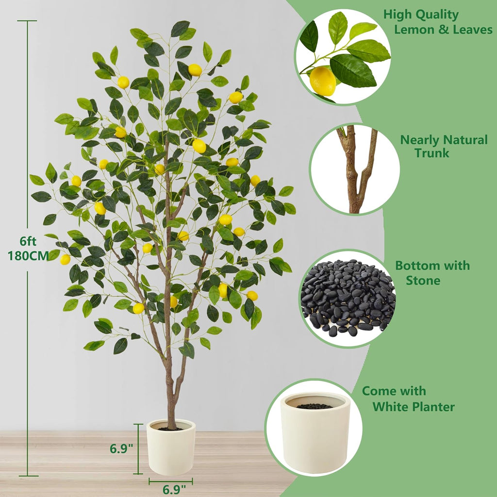 Artificial Lemon Tree, 6ft Tall Floor Faux Lemon Plastic Plant with White Planter, Fake Lemon Fruit Silk Tree for Indoor Home Decor Office Living Room