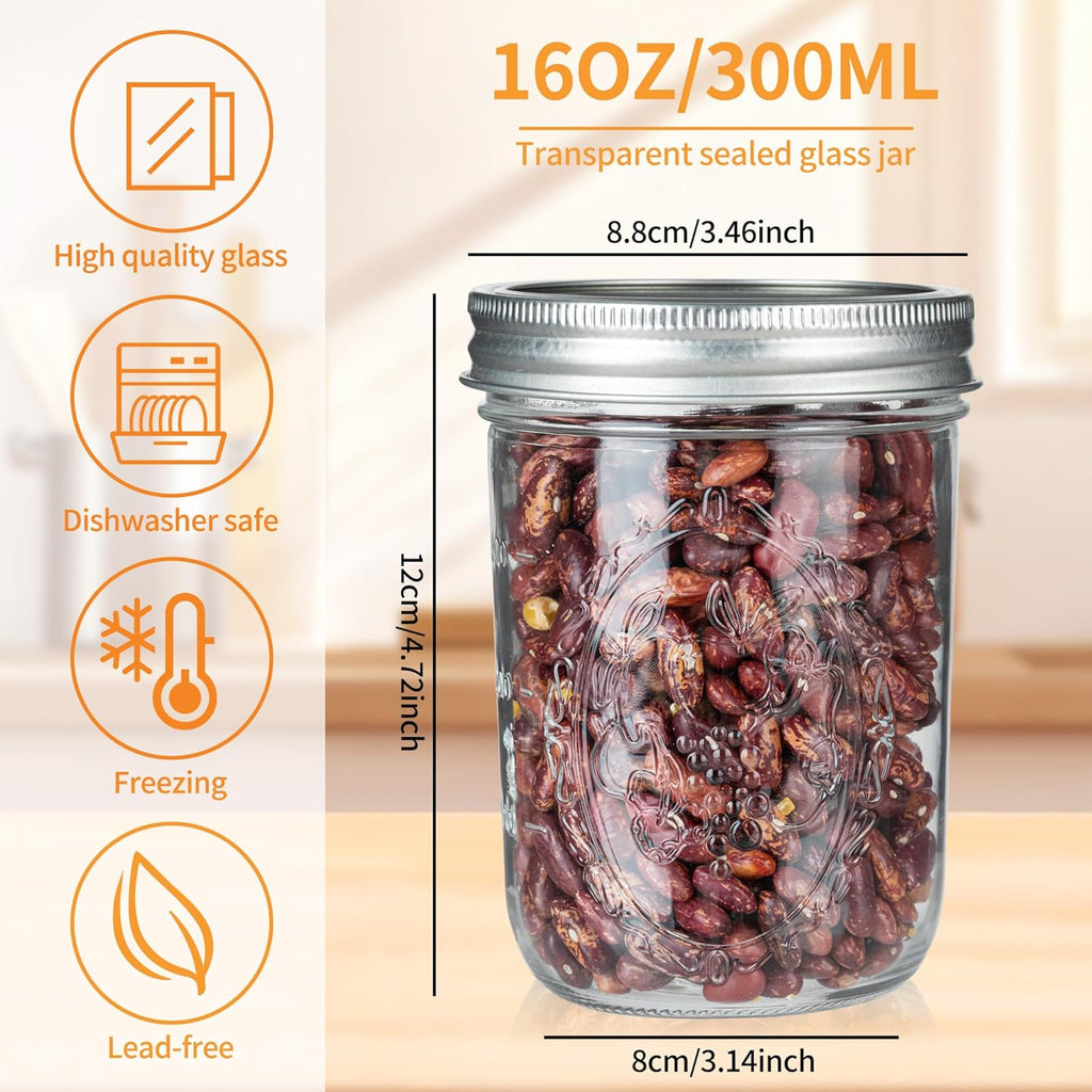 P&C GOODS Wide Mouth Mason Jars 16 oz with Lids 8 Pack, Canning Jars with Metal Airtight Lids and Bands, 16 oz Mason Jars for Fermenting, Freezing, Preserving, Meal Prep