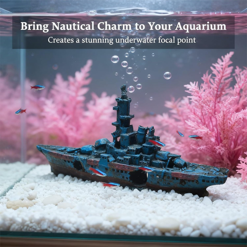 Shipwreck Aquarium Decor, Resin Fish Tank Ornament, Realistic Sunken Ship for Fish Hideout & Underwater Landscaping (Blue)