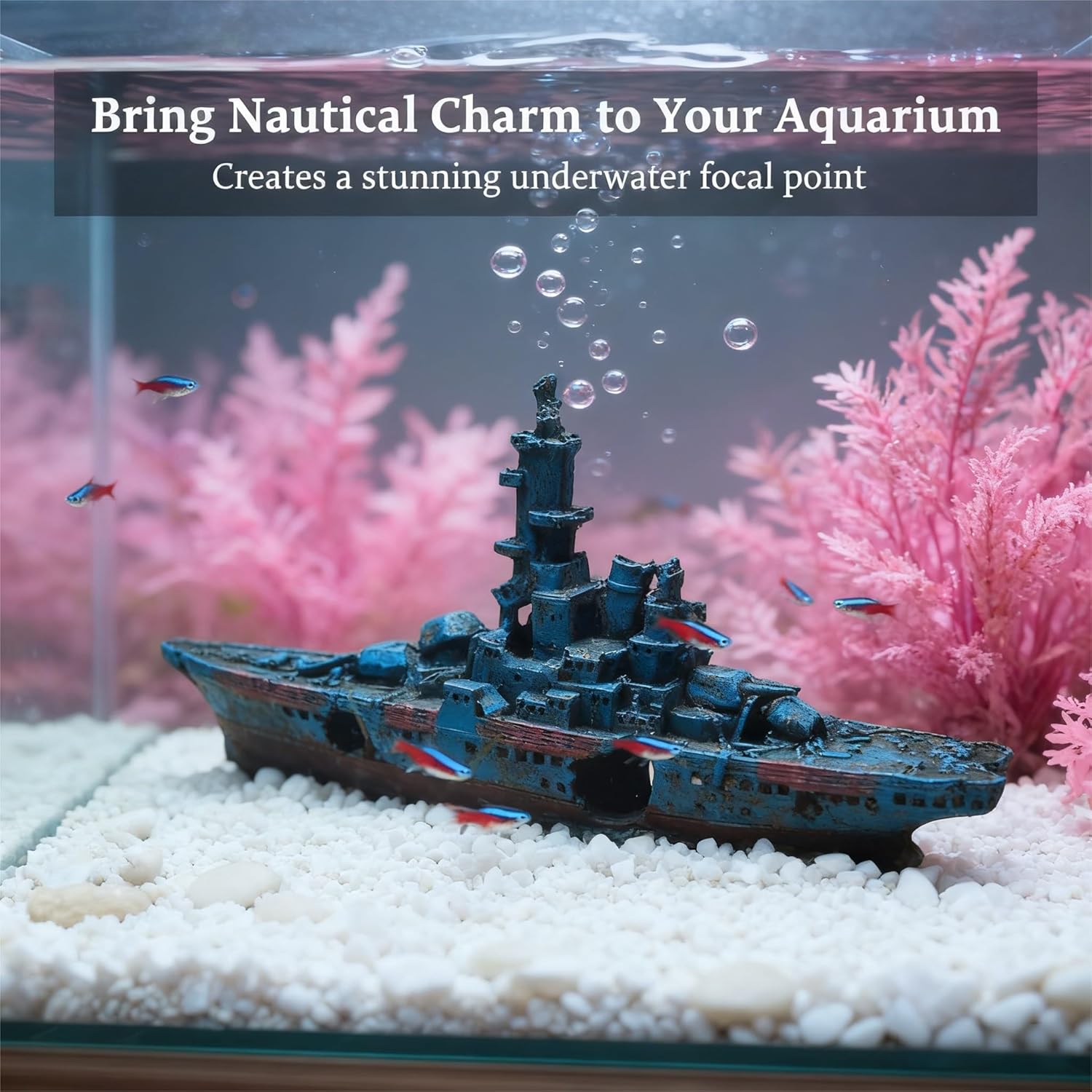 Shipwreck Aquarium Decor, Resin Fish Tank Ornament, Realistic Sunken Ship for Fish Hideout & Underwater Landscaping (Blue)