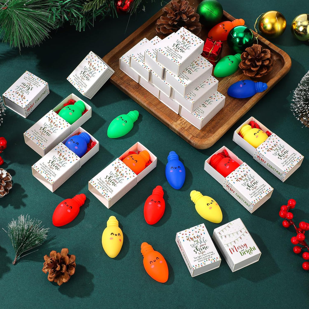 Wettarn 40 Sets Christmas Positive Gifts Light Bulb Stress Balls with Support Gift Boxes Bulk Merry Christmas Party Favors for Employee Coworker Friends Office Relief Toys Stocking Stuffers