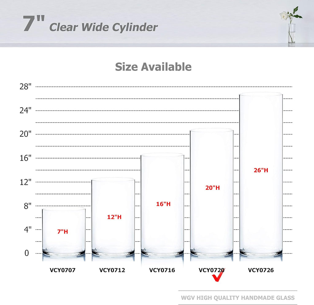 WGV Cylinder Vase, Width 7", Height 20", Clear Wide Large Diameter Flower Glassware, Floral Container, Planter Terrarium for Wedding Party Event, Home Accent Decor, 1 Piece