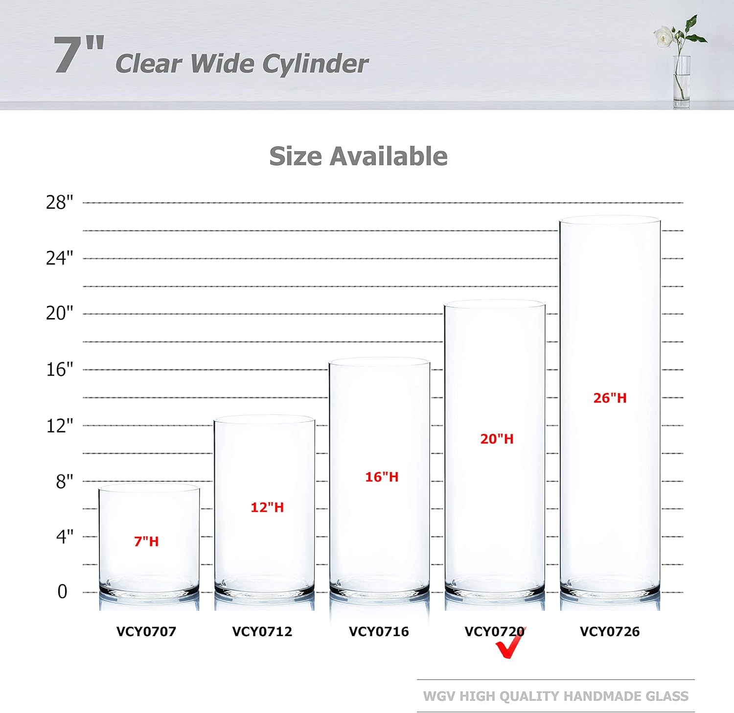 WGV Cylinder Vase, Width 7", Height 20", Clear Wide Large Diameter Flower Glassware, Floral Container, Planter Terrarium for Wedding Party Event, Home Accent Decor, 1 Piece