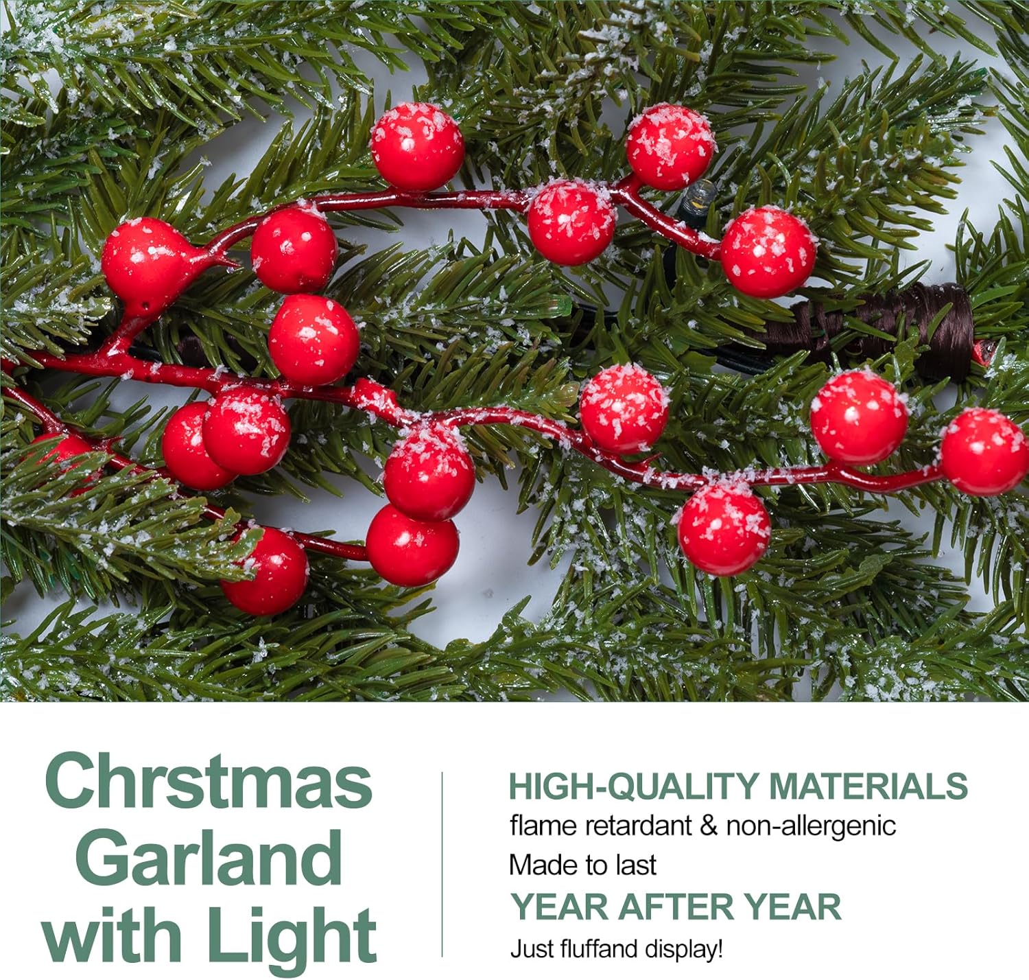 6.5FT Christmas Garland with Lights,Prelit Christmas Decorations,Lighted Garland with Battery Operated,Denser Realistic Pine Needles Greenery Home Decor for Mantle Fireplace Table Indoor Outdoor