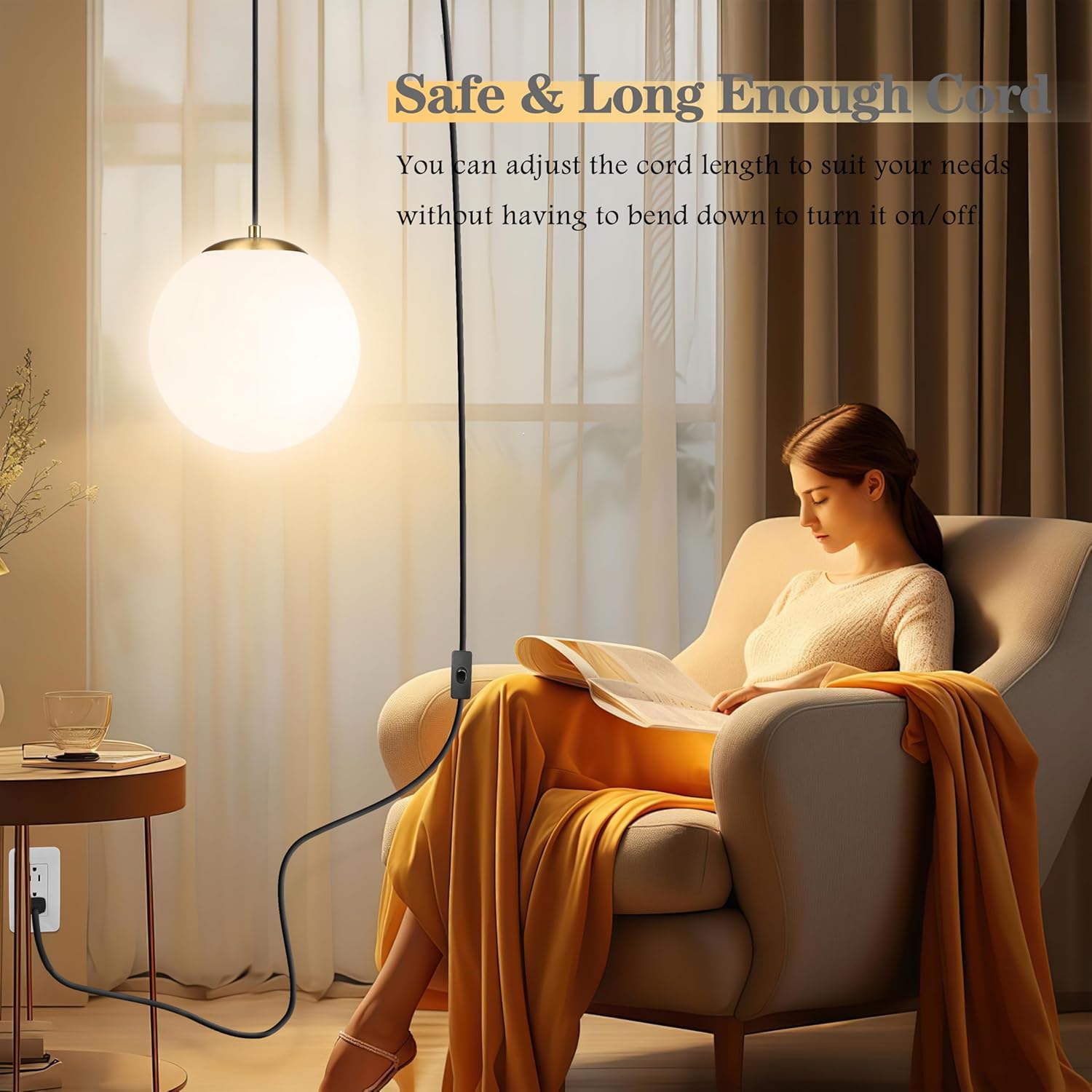 KoKo&Yukina 10" Globe Pendant Light Gold Plug in Pendant Light Adjustable Hanging Lights with Plug in Cord Brushed Gold Finished with Milk Glass Lampshade for Bedroom Kitchen Island（Bulb Included）