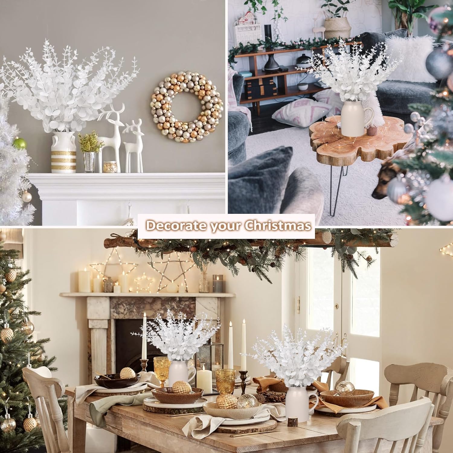 RECUTMS Artificial Eucalyptus Leaves Stems 36Pcs 15Inch Faux White Leaf Branches Plants for Vase Thanksgiving Christmas Halloween Party Wedding Flower Bouquet Floral Arrangement Home Office Decor