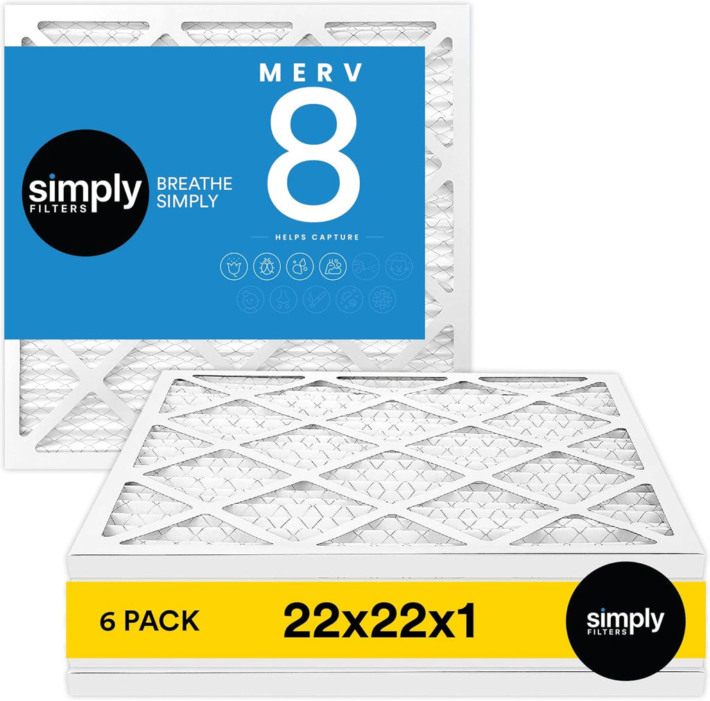 Simply 22x22x1 Air Filter, Merv 8, 6 Pack, Furnace Air Filter for HVAC (Actual Size: 21.75"x21.75"x0.75") DUST, Pet, & Allergy Control