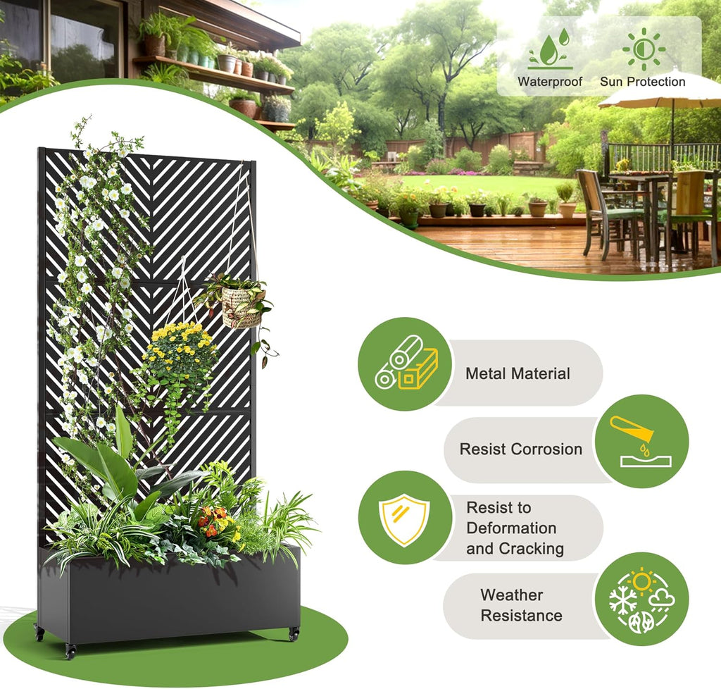 FENCY Metal Raised Garden Bed with Wheels and Trellis,73"x35"x16" Planter Box for Climbing Plants, Vegetables & Vines, Features Privacy Screen and Drainage Holes (Black-Arrow)