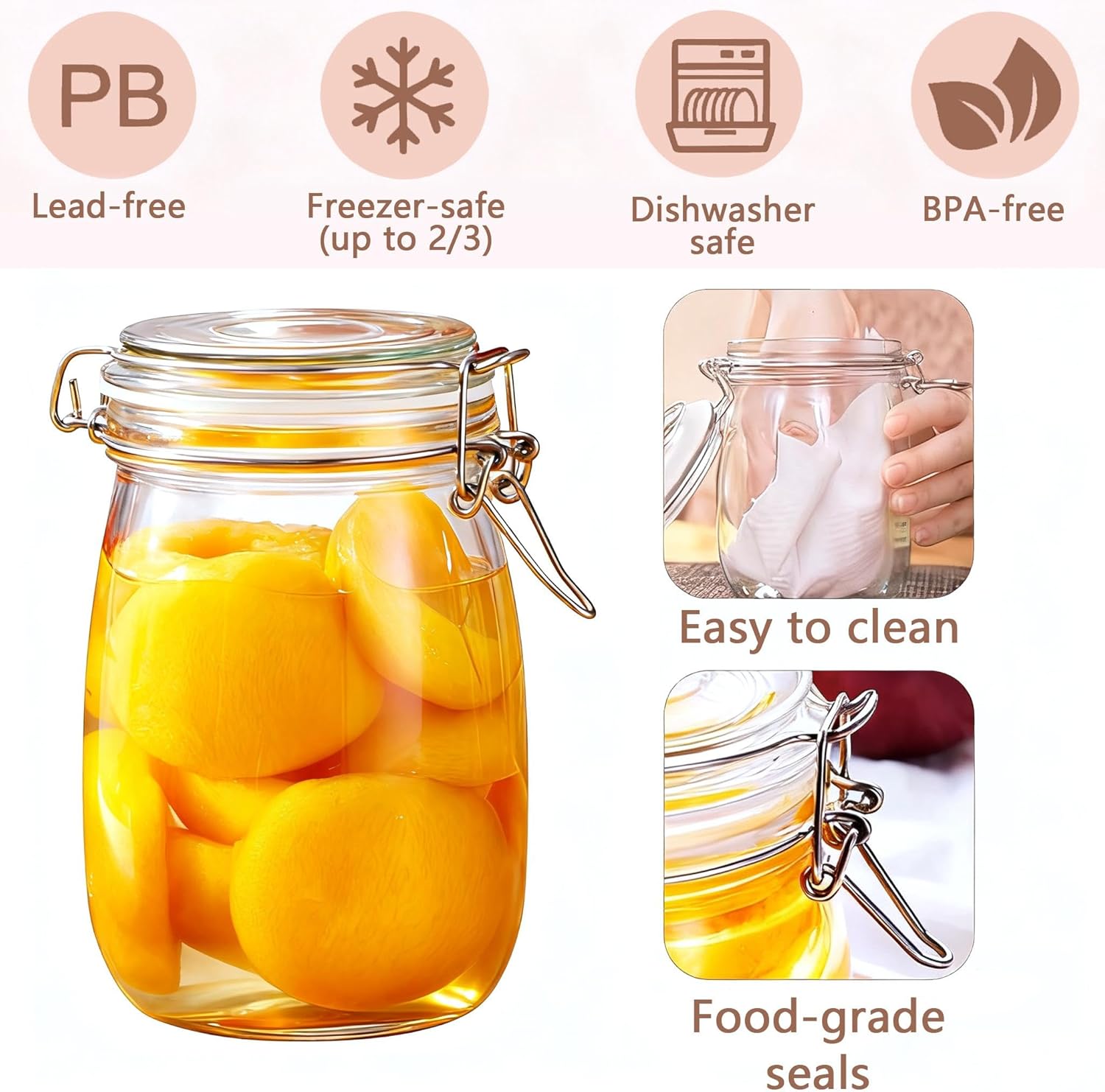 4PCS Glass Jars with Airtight Lid, 34 OZ Mason Jars Wide Mouth, Glass Pickling Jars for Canning & Fermenting, Mason Storage Container for Coffee, Flour, Sugar, Pasta