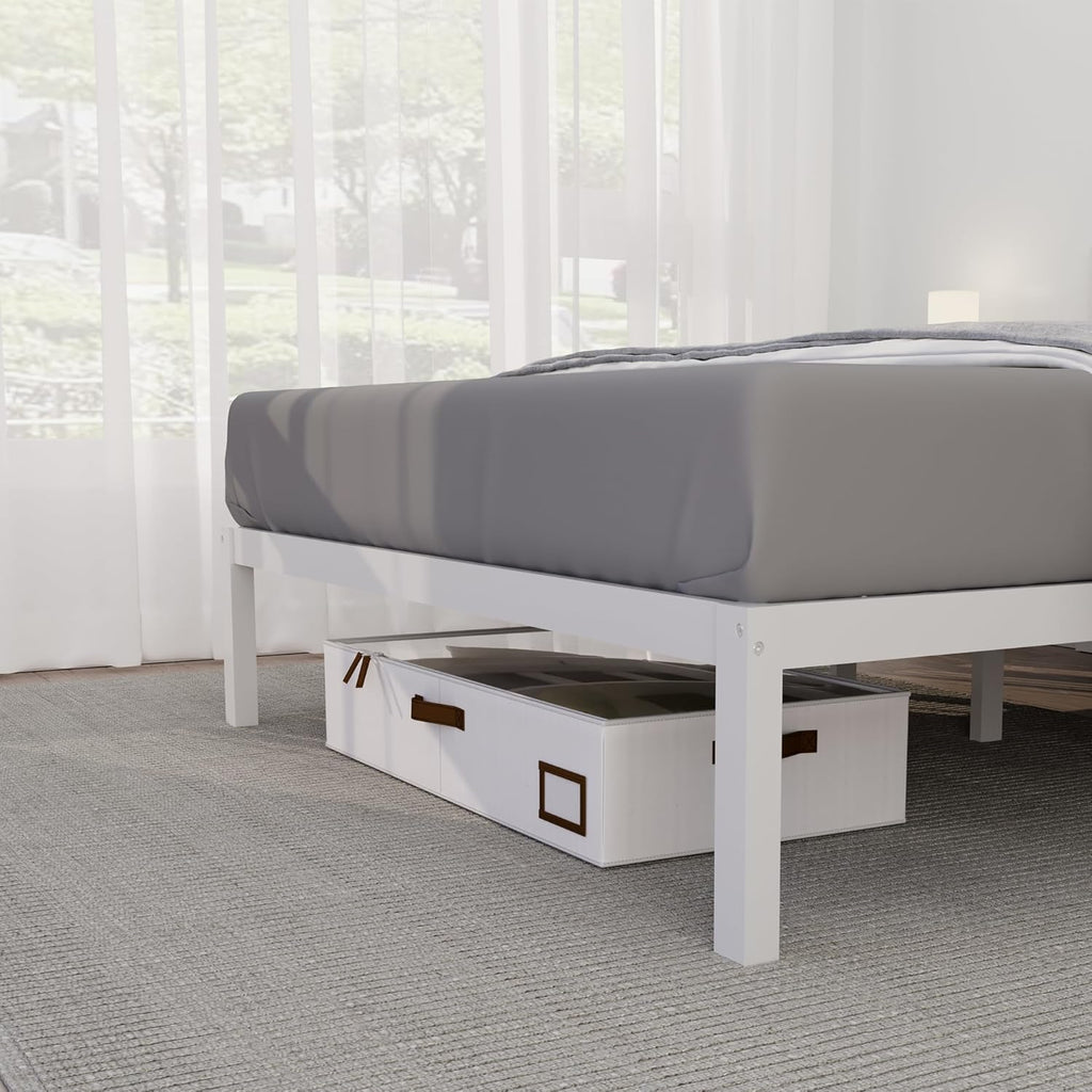 14 Inch Bamboo Bed Frame – Solid Wood Platform Bed Frame, Strong and Stable, with Non-Slip Slats for Support, No Box Spring Needed, Easy to Assemble, Noise-Free (White with Headboard, Twin)