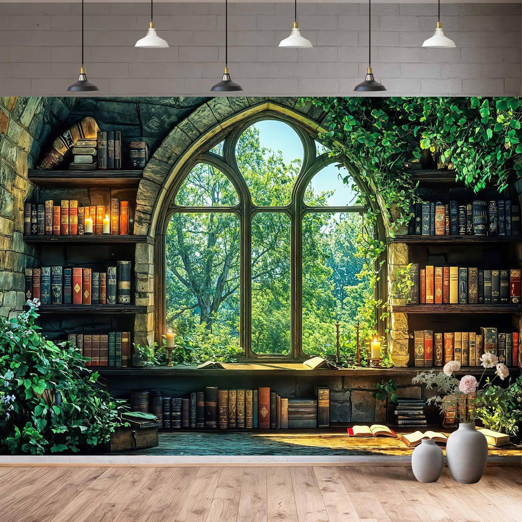 9X6ft Vintage Forest Bookshelf Backdrop Retro Green Forest Library Window Photography Background Photo Studio Props for The World Book Day Birthday Party Decor