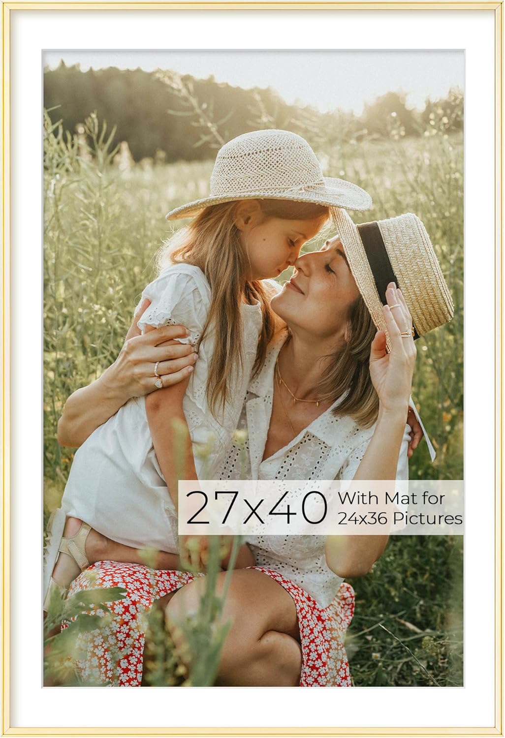 RICHFOCUS Aluminum Picture Frame - 27x40 Gold Metal Frame with Mat for 24x36 Photo, Floating Frame with Tempered Glass - Poster Frame Wall Hook Included for Gallery Wall