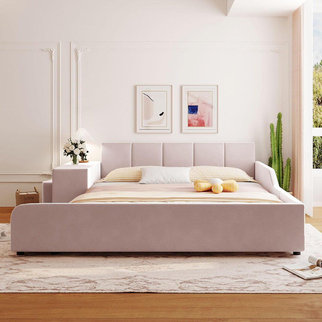 Merax Queen Size Upholstered Plush Velvet Pink Mother and Baby Bed with Large Cushioned Ground Bed, Bedside Table,and Round Stool,Pink