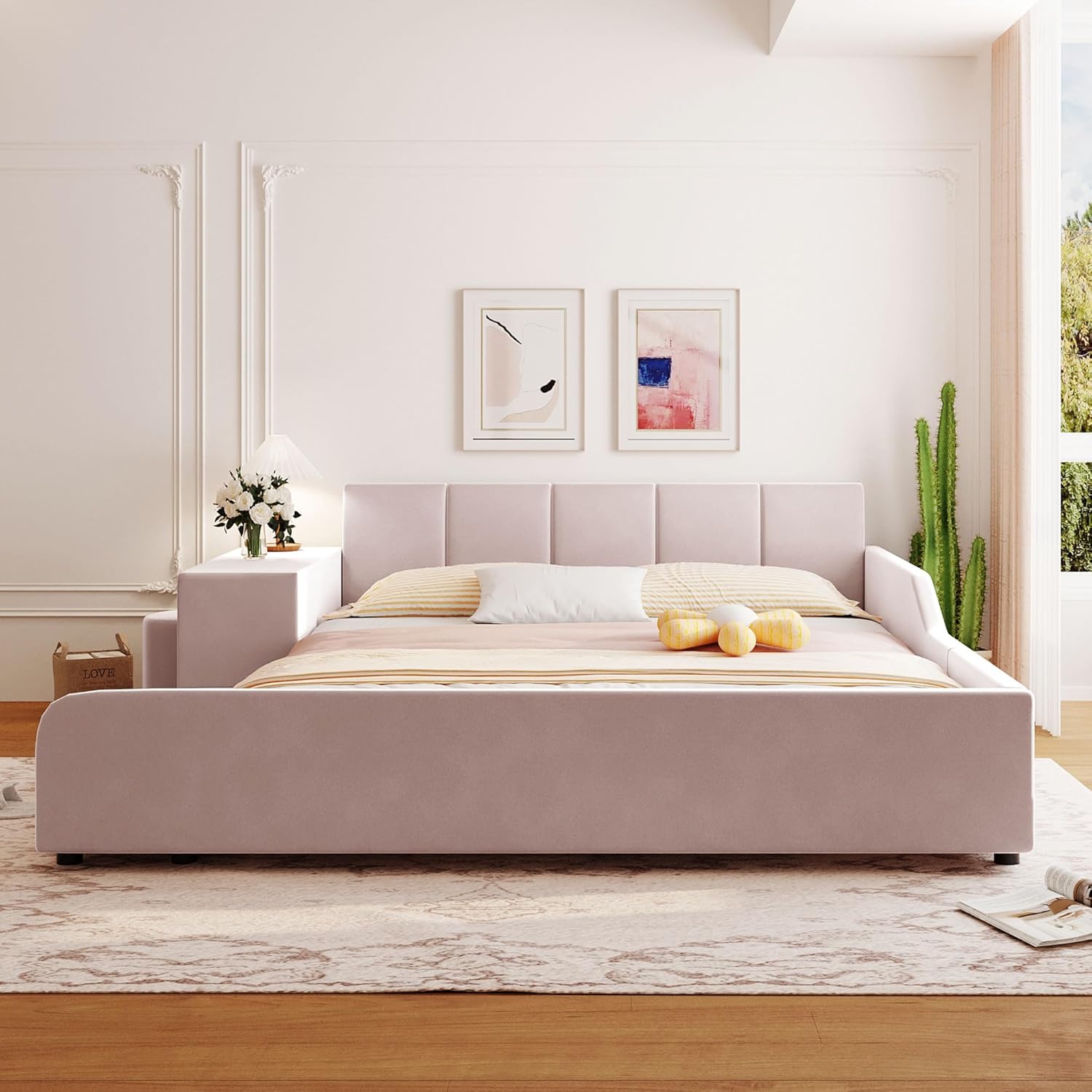 Merax Queen Size Upholstered Plush Velvet Pink Mother and Baby Bed with Large Cushioned Ground Bed, Bedside Table,and Round Stool,Pink