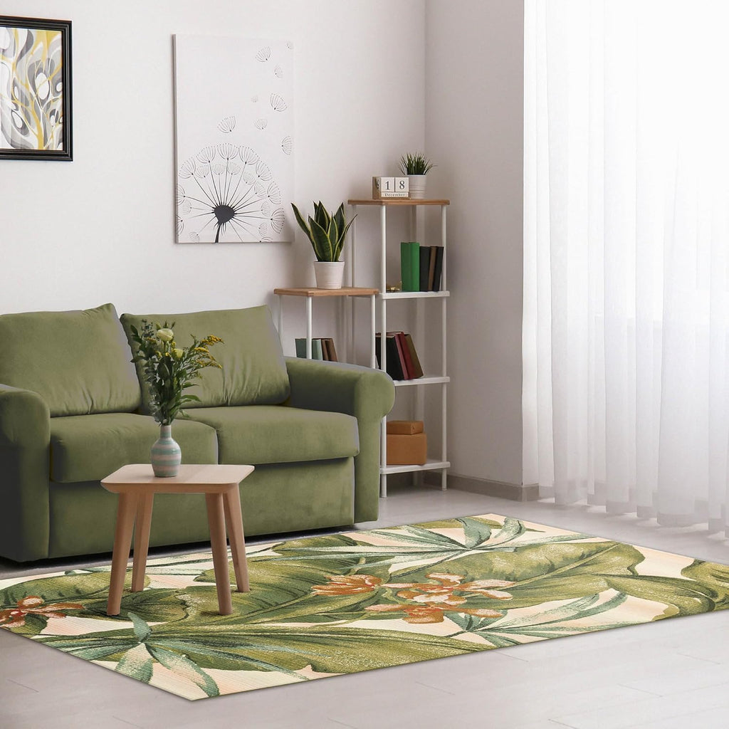 Liora Manne Marina Low Profile Durable Indoor/Outdoor Woven Rug- Tropical Leaf Cream 8'10" x 11'9"