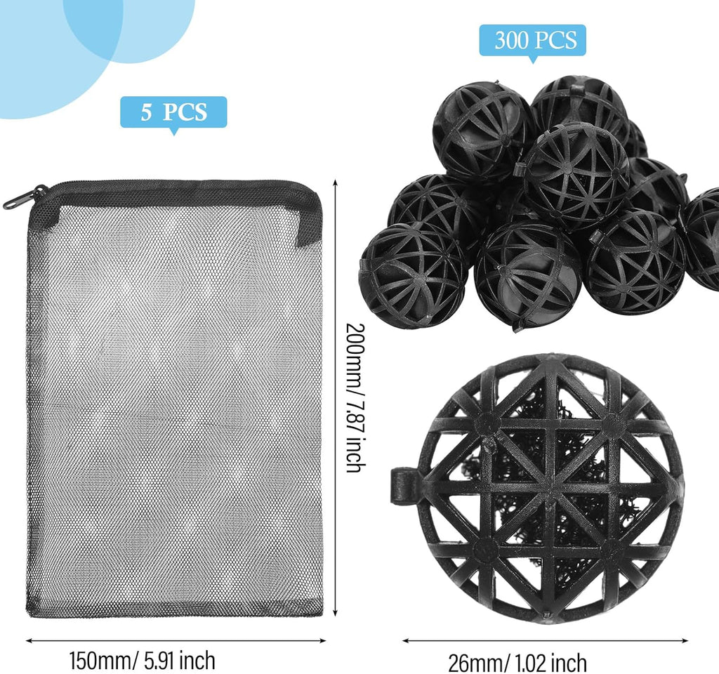 CHENGU 300 Pieces Black Bio Balls for Aquarium 1.02 Inch Internal Bioballs with 5 Pieces Aquarium Filter Media Bags with Zipper for Fish Tank Pond