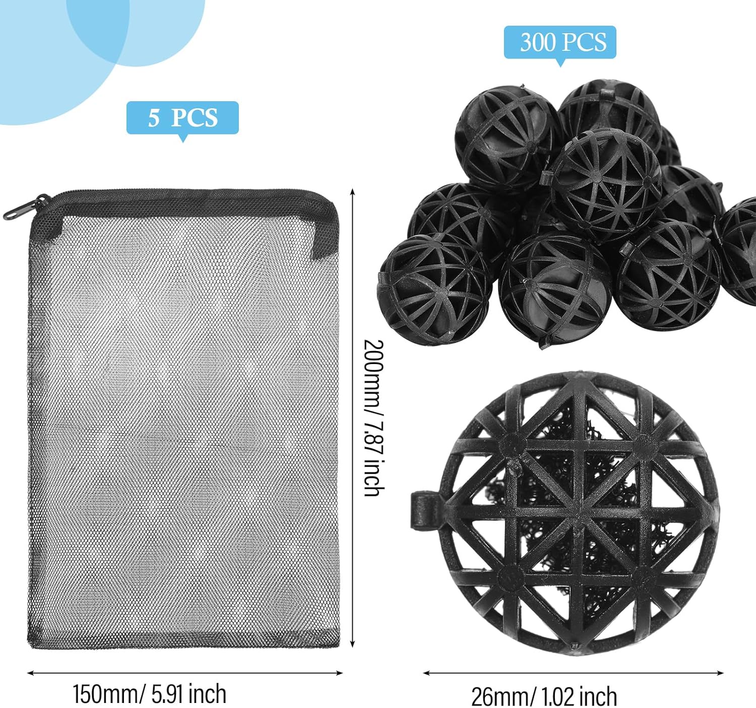 CHENGU 300 Pieces Black Bio Balls for Aquarium 1.02 Inch Internal Bioballs with 5 Pieces Aquarium Filter Media Bags with Zipper for Fish Tank Pond