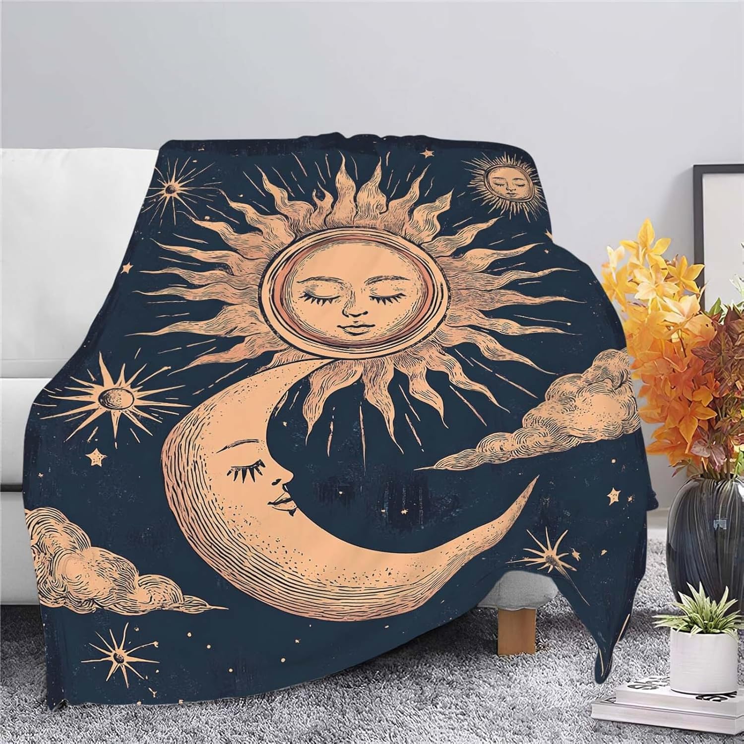 Sun and Moon Throw Blanket Celestial Hippie Sun and Moon Stuff Gifts for Kids Girls Boys Adults Women Man Soft Cozy Warm Plush Fluffy Fuzzy Fleece Blanket Decor 40''X50''