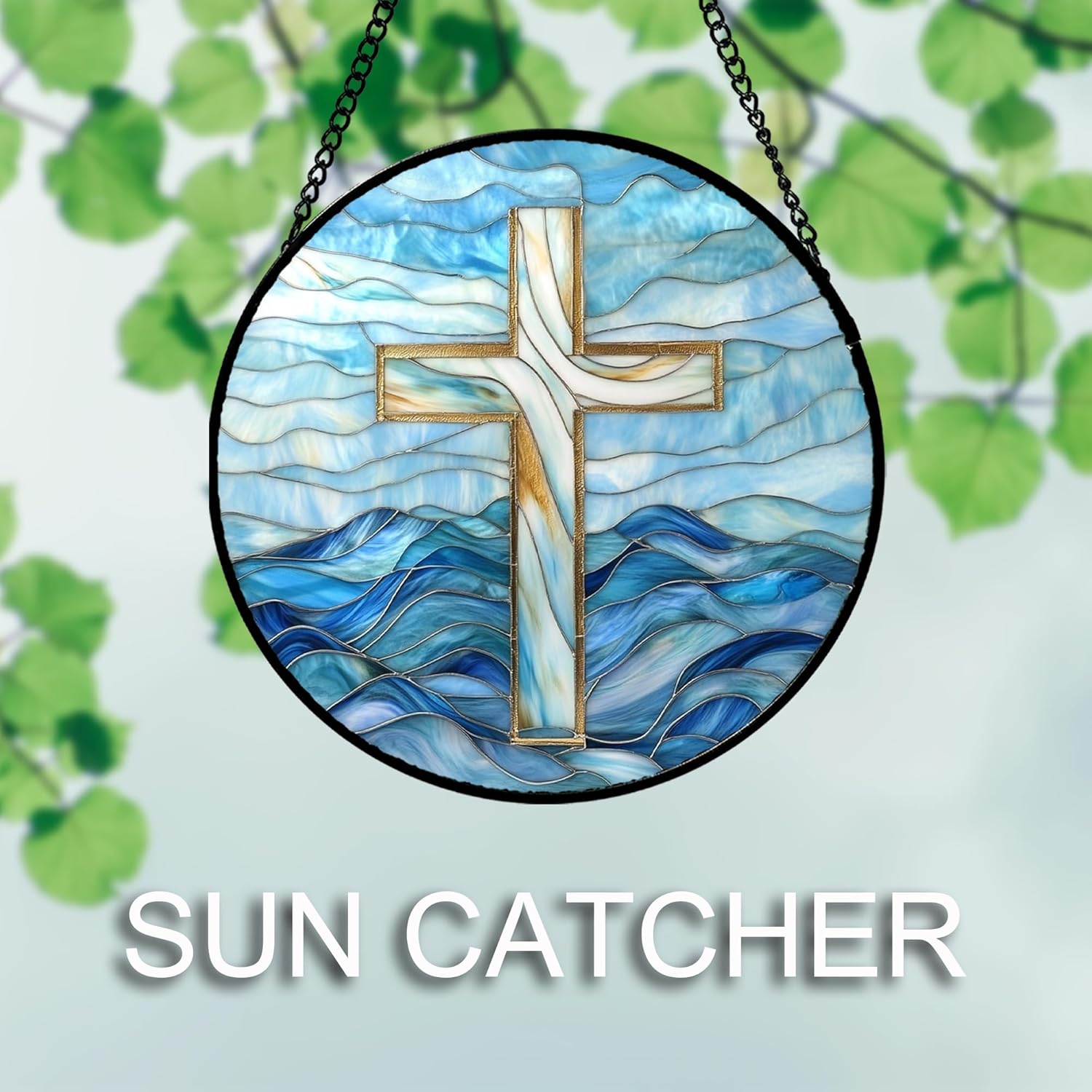 Christian Gifts for Women - Blue Cross Stained Glass Window Hanging Jesus Easter Ocean Waves Sun Catcher Garden Religion Decor Mother's Day Catholic Gift for Men Grandma Mom Her Nana 9.8"