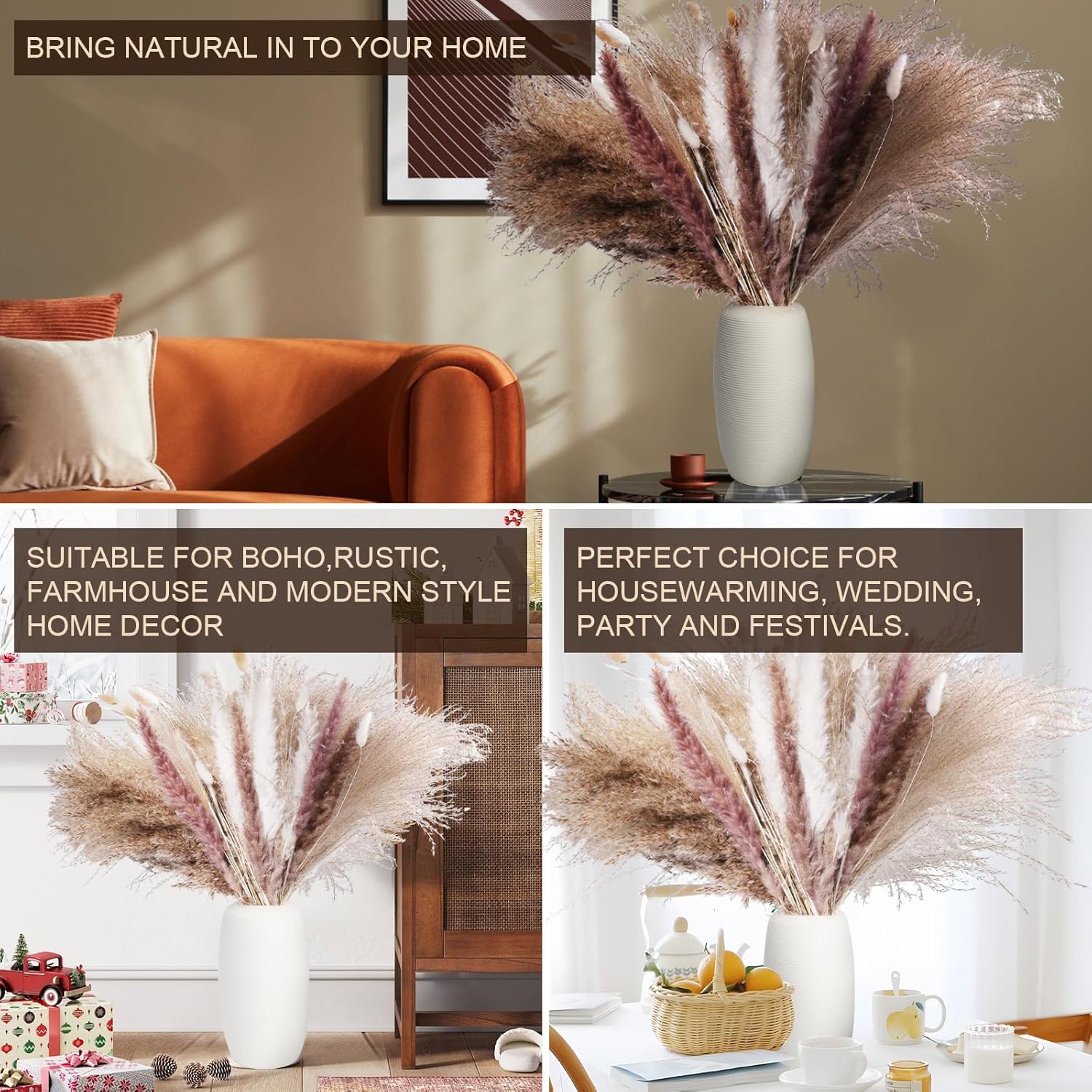 80PCS Dried Pampas Grass Bouquet – Bunny Tails, White Reed & Rustic Florals – Fluffy Donut Vase Filler for Japandi Shelf Styling, Boho Wedding & Neutral Home Decor