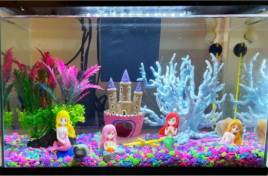 Mermaid's Castle Fish Tank Decorations-28pack Include Castle Hideout, Faux Coral,Starfish and Artificial Plastic Plants Aquarium Décor Accessories for All Fish-Pink