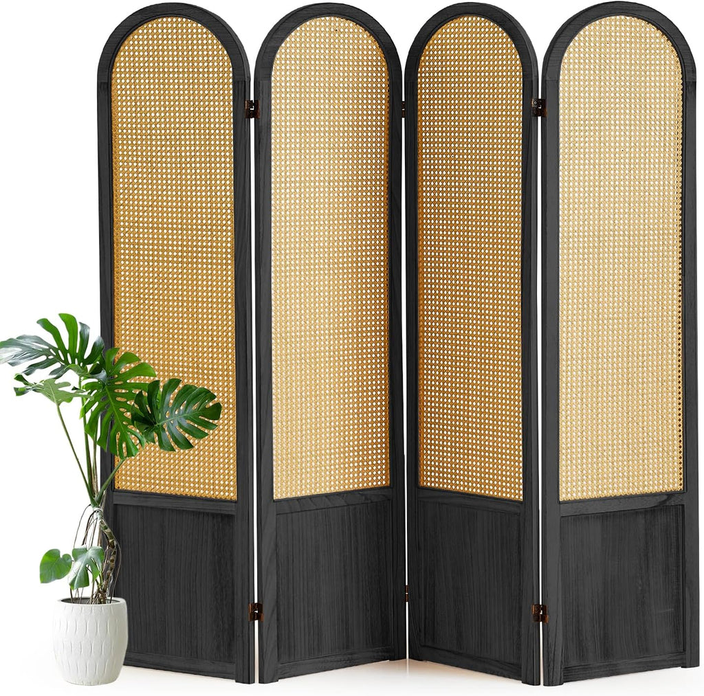 4 Panel Room Divider and Folding Privacy Screen 5.6 Ft Foldable Double Hinged Room Partition, Hand-Woven Rattan Room Divider Portable Wood Wall Divider for Room Separation, Home, Black